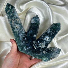 Load image into Gallery viewer, XL 2lb 2oz Moss Agate “Cluster” Carving (imperfect marking)