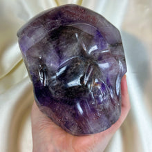 Load image into Gallery viewer, XXL Amethyst Skull Carving on Custom Gold Stand