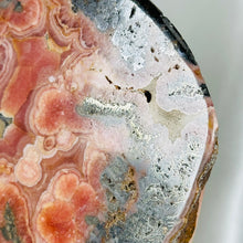 Load image into Gallery viewer, AA Rhodochrosite Slab with Gel Tones, Stalactites, and Pyrite (comes with stand)