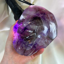 Load image into Gallery viewer, XXL Amethyst Skull Carving on Custom Gold Stand