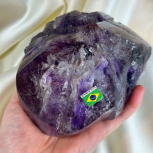 Load image into Gallery viewer, XXL Amethyst Skull Carving on Custom Gold Stand