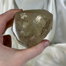 Load image into Gallery viewer, Natural Elestial Half Polished Citrine Freeform with Rainbows on Stand
