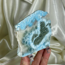 Load image into Gallery viewer, RARE! Bicolor “Cotton Candy” XL Chatoyant Larimar Slab on Stand
