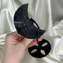 Load image into Gallery viewer, Arfvedsonite with Garnet Moon Carving on Stand D