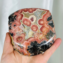 Load image into Gallery viewer, AA Rhodochrosite Slab with Gel Tones, Stalactites, and Pyrite (comes with stand)