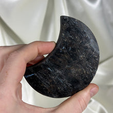 Load image into Gallery viewer, Arfvedsonite with Garnet Moon Carving on Stand B