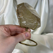 Load image into Gallery viewer, Natural Elestial Half Polished Citrine Freeform with Rainbows on Stand