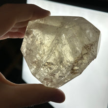 Load image into Gallery viewer, Natural Elestial Half Polished Citrine Freeform with Rainbows on Stand