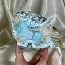 Load image into Gallery viewer, RARE! Bicolor “Cotton Candy” XL Chatoyant Larimar Slab on Stand