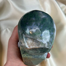 Load image into Gallery viewer, XXL “Overgrown” Moss Agate Skull Carving