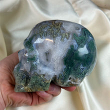 Load image into Gallery viewer, XXL “Overgrown” Moss Agate Skull Carving