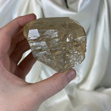 Load image into Gallery viewer, Natural Elestial Half Polished Citrine Freeform with Rainbows on Stand