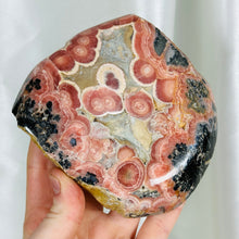 Load image into Gallery viewer, AA Rhodochrosite Slab with Gel Tones, Stalactites, and Pyrite (comes with stand)