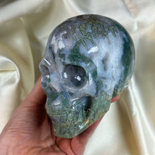 Load image into Gallery viewer, XXL “Overgrown” Moss Agate Skull Carving