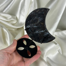 Load image into Gallery viewer, Arfvedsonite with Garnet Moon Carving on Stand A