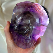 Load image into Gallery viewer, XXL Amethyst Skull Carving on Custom Gold Stand