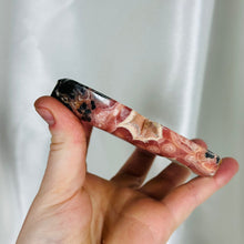 Load image into Gallery viewer, AA Rhodochrosite Slab with Gel Tones, Stalactites, and Pyrite (comes with stand)