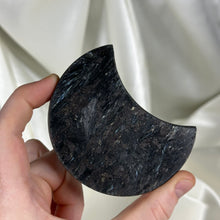 Load image into Gallery viewer, Arfvedsonite with Garnet Moon Carving on Stand B