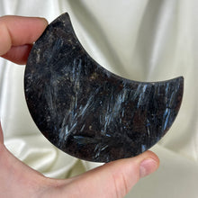 Load image into Gallery viewer, Arfvedsonite with Garnet Moon Carving on Stand A
