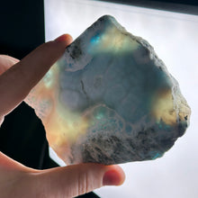 Load image into Gallery viewer, RARE! Bicolor “Cotton Candy” XL Chatoyant Larimar Slab on Stand
