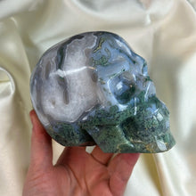 Load image into Gallery viewer, XXL “Overgrown” Moss Agate Skull Carving