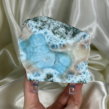 Load image into Gallery viewer, RARE! Bicolor “Cotton Candy” XL Chatoyant Larimar Slab on Stand