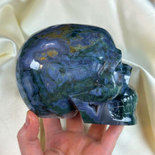 Load image into Gallery viewer, XXL “Druzy Forest” Moss Agate Skull Carving