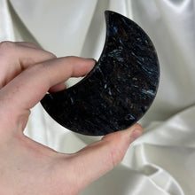 Load image into Gallery viewer, Arfvedsonite with Garnet Moon Carving on Stand C