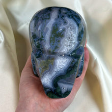 Load image into Gallery viewer, XXL “Druzy Forest” Moss Agate Skull Carving