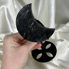 Load image into Gallery viewer, Arfvedsonite with Garnet Moon Carving on Stand C