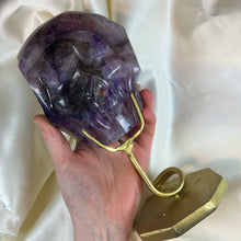 Load image into Gallery viewer, XXL Amethyst Skull Carving on Custom Gold Stand