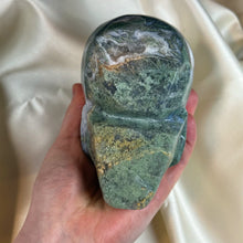 Load image into Gallery viewer, XXL “Overgrown” Moss Agate Skull Carving