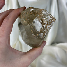 Load image into Gallery viewer, Natural Elestial Half Polished Citrine Freeform with Rainbows on Stand