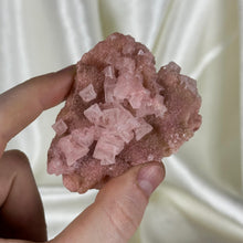 Load image into Gallery viewer, Pink Halite Cluster on Dark Pink Plate “Heart”