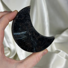Load image into Gallery viewer, Arfvedsonite with Garnet Moon Carving on Stand D