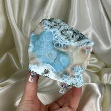Load image into Gallery viewer, RARE! Bicolor “Cotton Candy” XL Chatoyant Larimar Slab on Stand