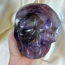 Load image into Gallery viewer, XXL Amethyst Skull Carving on Custom Gold Stand