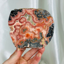 Load image into Gallery viewer, AA Rhodochrosite Slab with Gel Tones, Stalactites, and Pyrite (comes with stand)