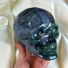 Load image into Gallery viewer, XXL “Druzy Forest” Moss Agate Skull Carving