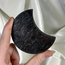 Load image into Gallery viewer, Arfvedsonite with Garnet Moon Carving on Stand B