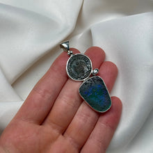 Load image into Gallery viewer, Sterling Silver Roman Glass + Roman Coin + Topaz Pendant