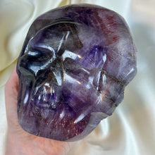 Load image into Gallery viewer, XXL Amethyst Skull Carving on Custom Gold Stand