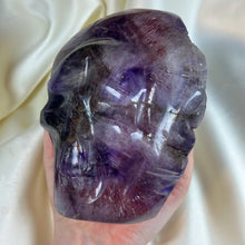 Load image into Gallery viewer, XXL Amethyst Skull Carving on Custom Gold Stand
