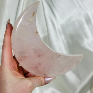 XL Rose Quartz Moon Carving with bits of Golden Healer (with stand)
