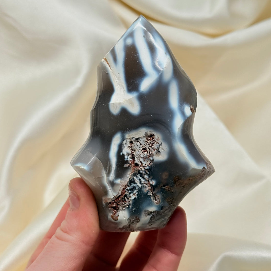 Unique Orca Agate Flame with Pink Moss Agate