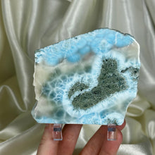 Load image into Gallery viewer, RARE! Bicolor “Cotton Candy” XL Chatoyant Larimar Slab on Stand
