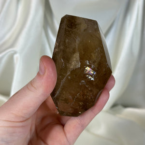 Natural Honey Citrine Freeform with Rainbows on Stand