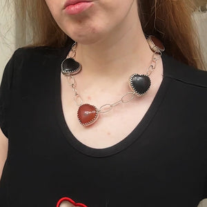 “The Queen of Hearts” Carnelian + Obsidian x Sterling Silver Statement Necklace