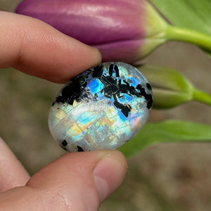 8.1g AA Grade Rainbow Moonstone with Black Tourmaline Inclusions Cabochon