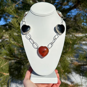 “The Queen of Hearts” Carnelian + Obsidian x Sterling Silver Statement Necklace